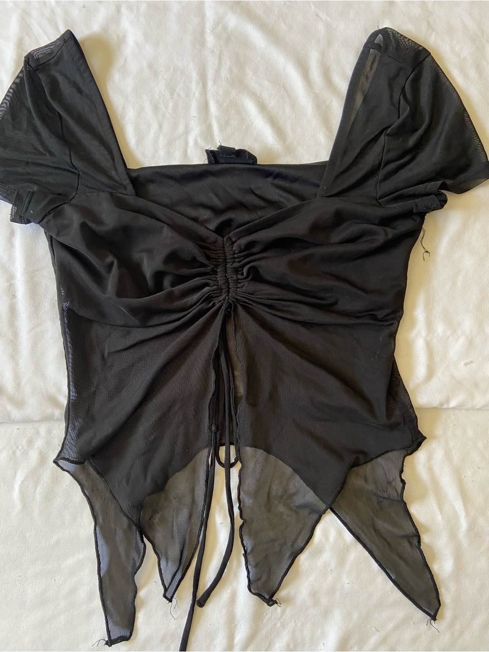 Black Ruched Mesh Asymmetric Women’s Top